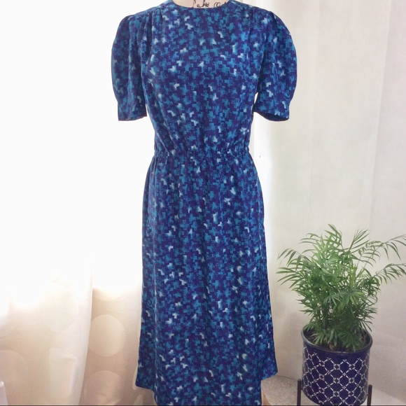 Vintage Navy Blue Cross Pattern Dress sz M - Picture 2 of 9